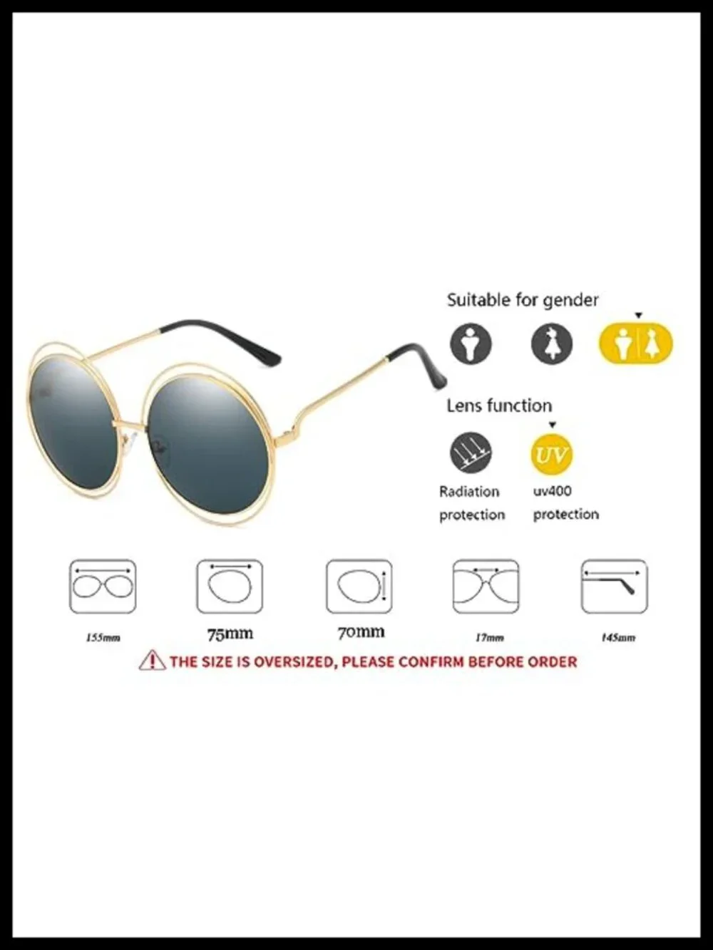 Oversized Round Metal Frame Sunglasses UV400 Protection Women
